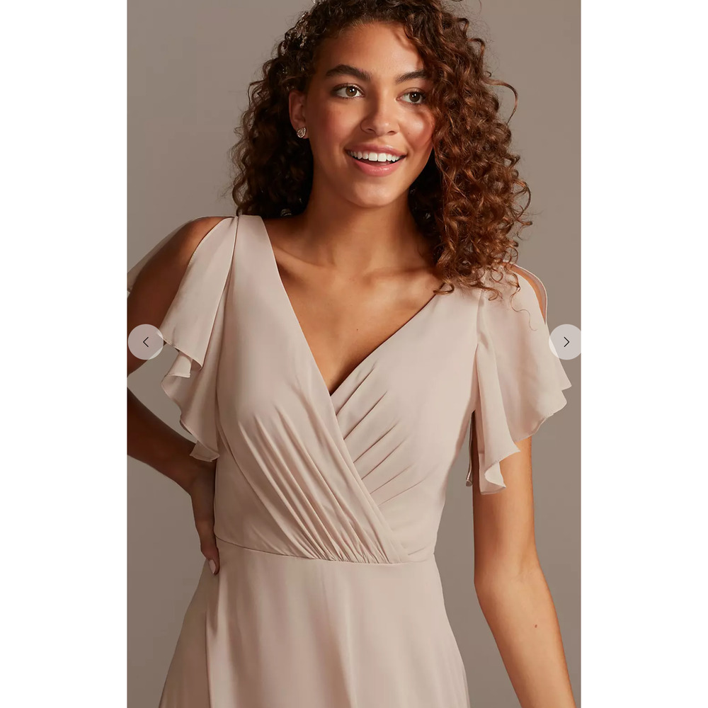 Celebrate Bridesmaid Flutter Sleeve V-Neck Maxi Dress Biscotti 4 David's F20065
